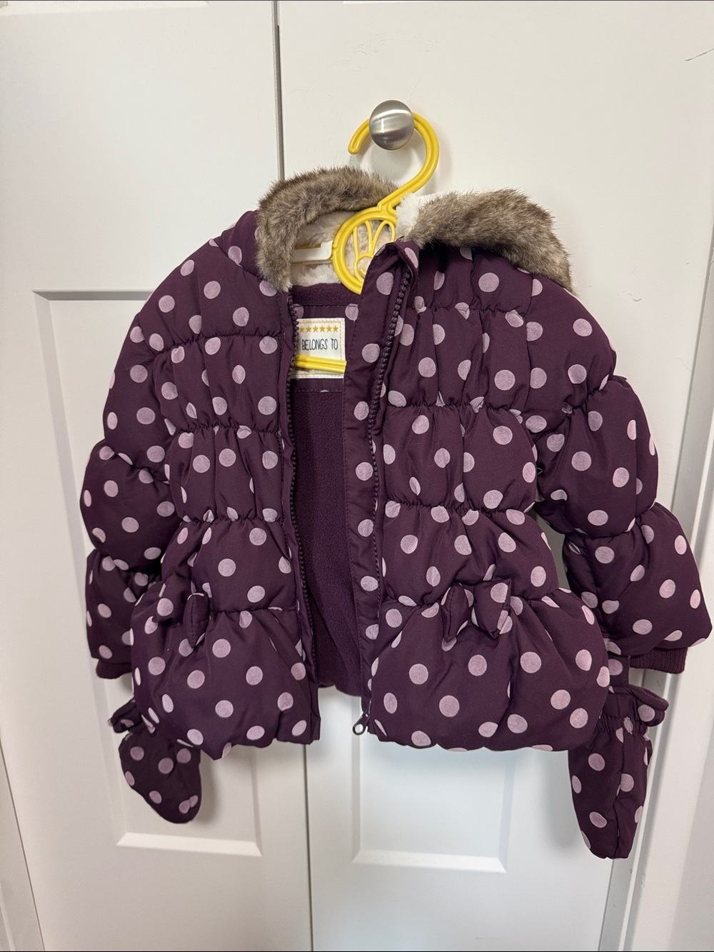 Girls' Purple Polka Dot Puffer Jacket with Faux Fur Trim, matching mitts